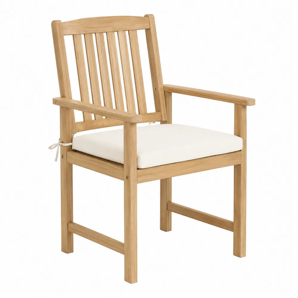 Silla de madera con reposabrazos y cojín crema 60x60x90 cm