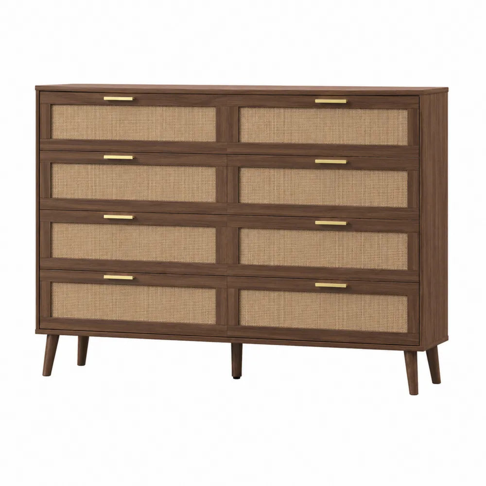 Cómoda de Madera de Nogal con Frentes de Mimbre y 6 Cajones