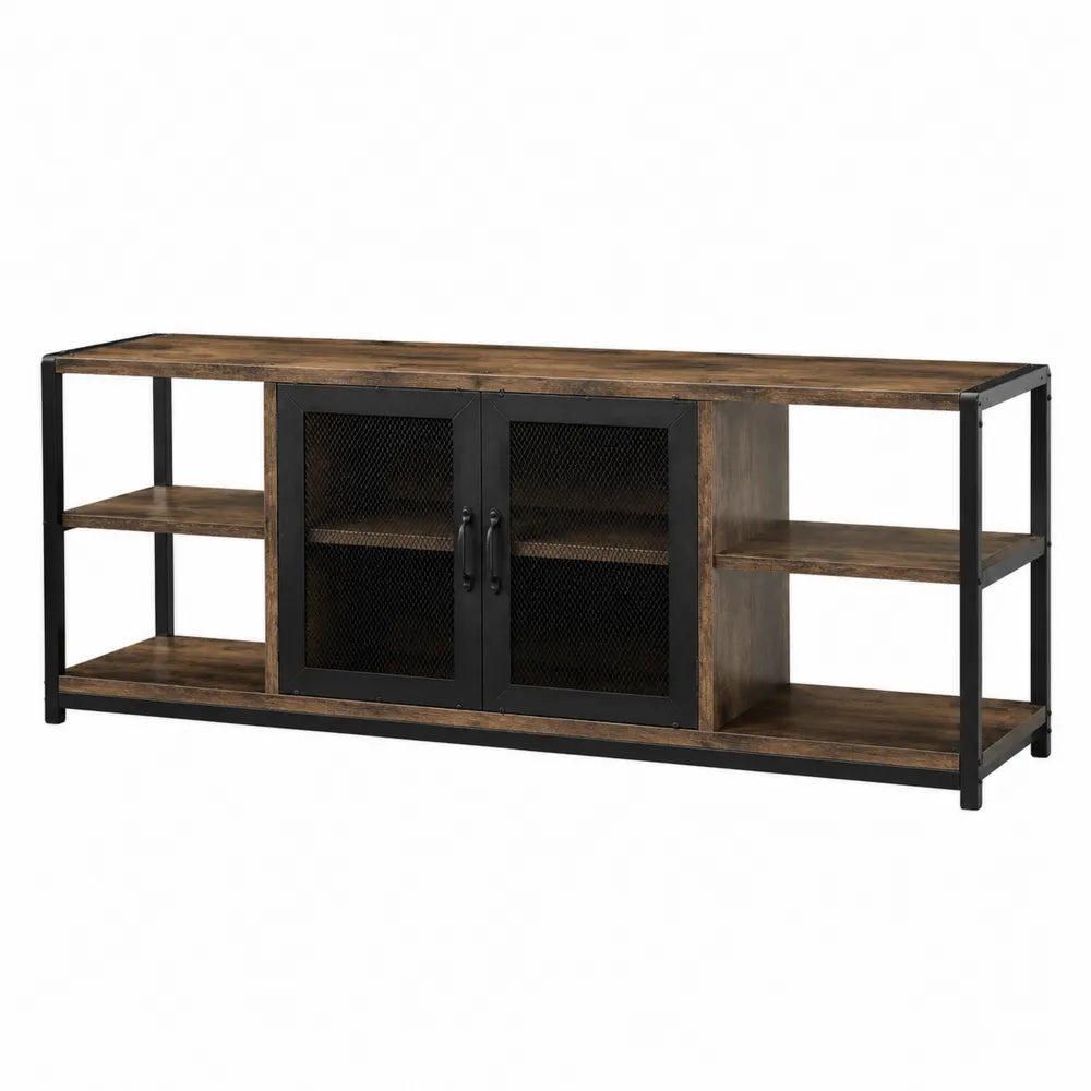 Estante para TV de madera y metal con puertas de malla 150x40x60 cm
