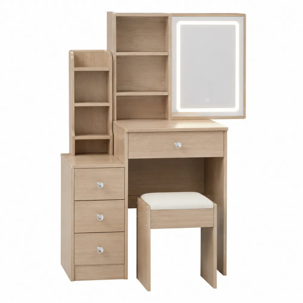 Tocador de madera con espejo LED y taburete integrado 140x100x40 cm