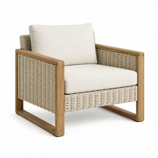 Sillón de madera de teca y mimbre sintético beige