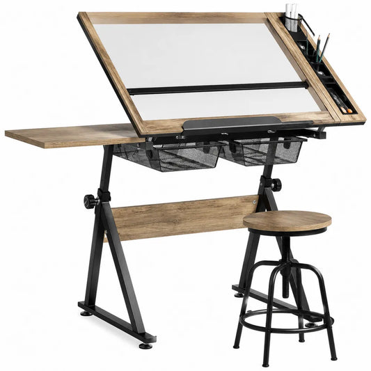 Escritorio de Dibujo Inclinable de Madera y Metal con Taburete