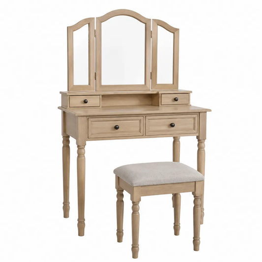 Tocador de madera con espejo plegable y taburete tapizado beige
