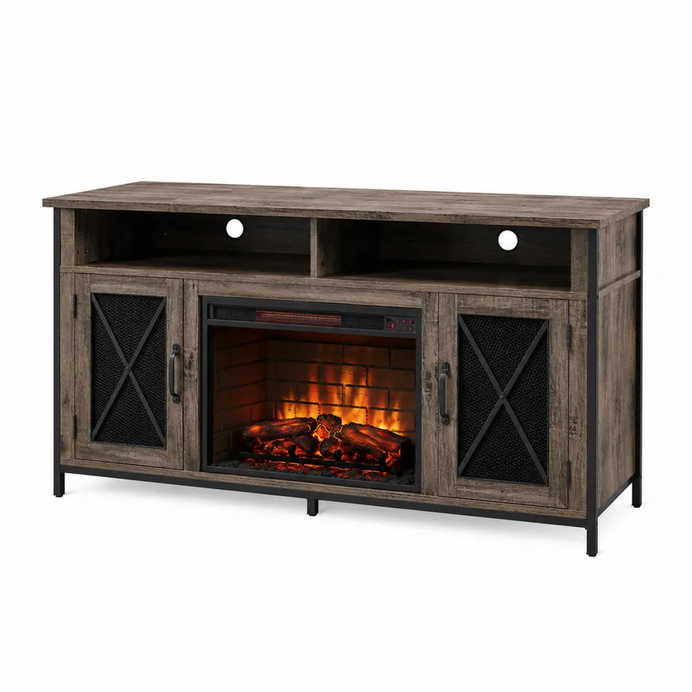 Mesa de televisión con chimenea integrada de madera reciclada y acero marrón
