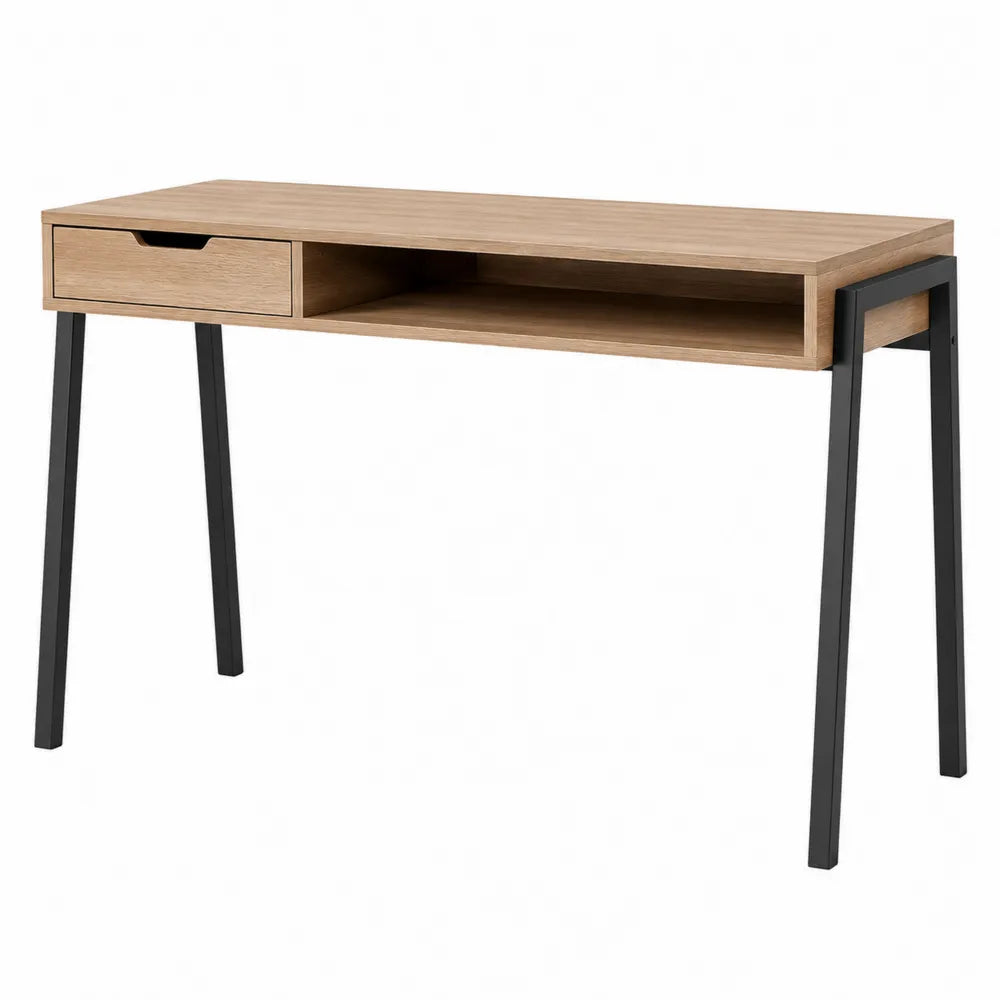 Escritorio de madera y metal con cajón, 120x55x75 cm, color roble