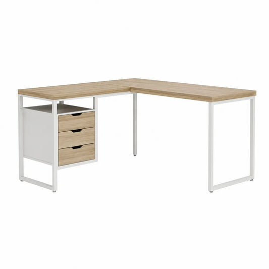Escritorio Esquinero en L con 3 Cajones de MDF y Metal Blanco 140x130x75 cm