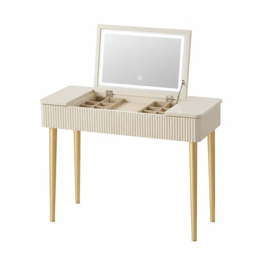 Tocador de MDF Crema con Patas de Acero Doradas y Espejo LED