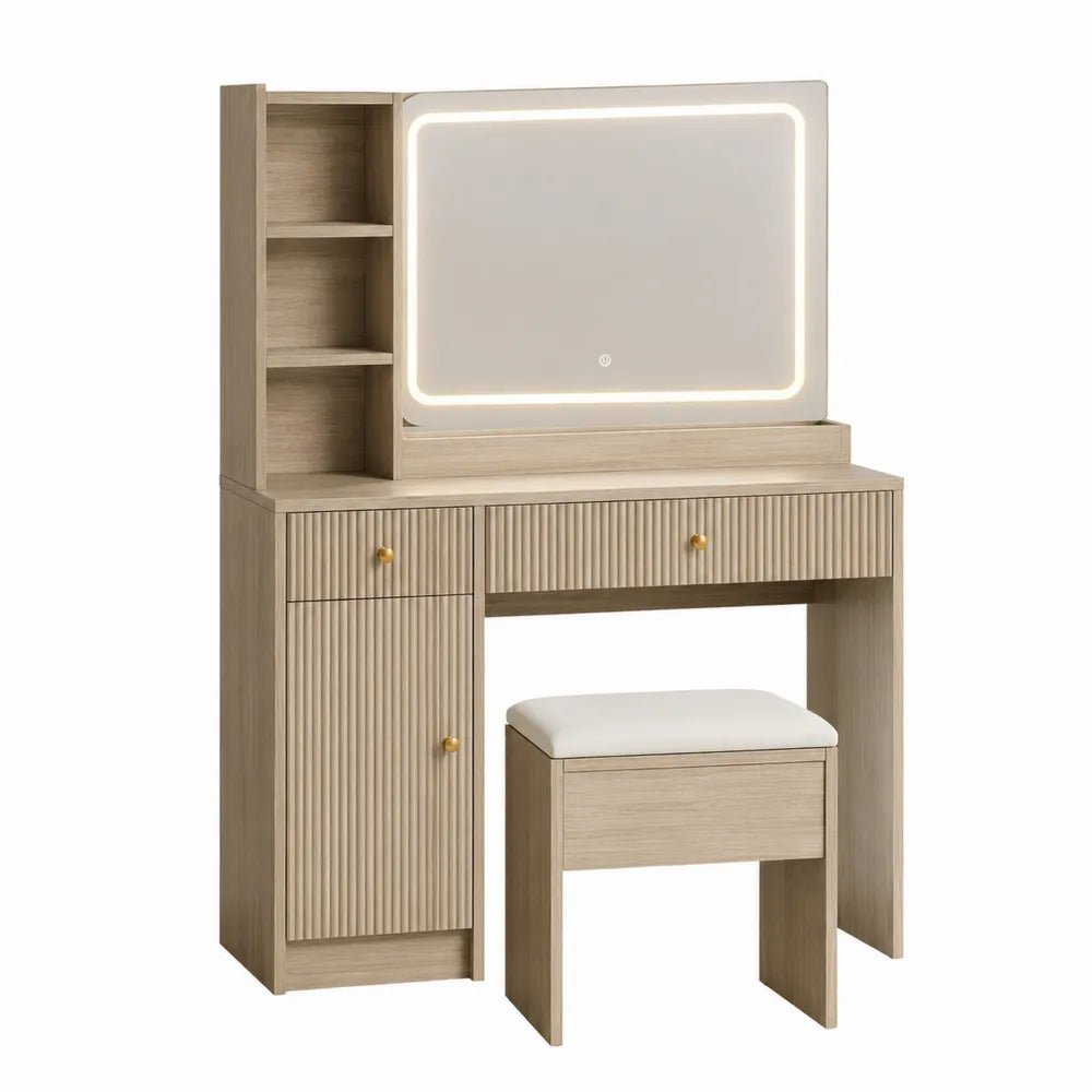 Tocador de Madera de Roble con Espejo LED y Taburete