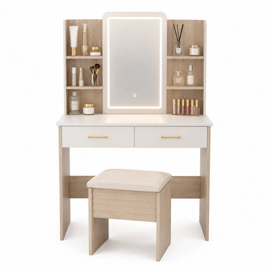 Tocador de madera con espejo LED y taburete, color madera clara y blanco, 80 cm de ancho