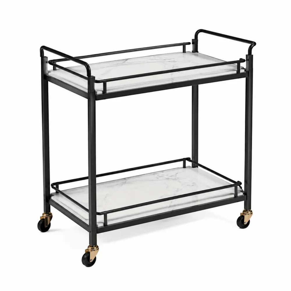 Carrito de bar con estantes de efecto mármol y estructura de metal negro