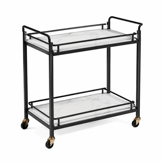 Carrito de bar con estantes de efecto mármol y estructura de metal negro